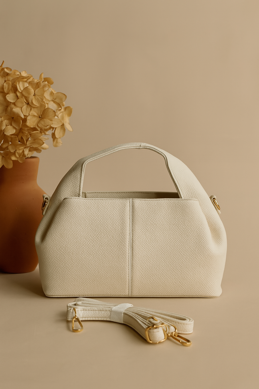 Classic Faux Leather Handbag with Gold Buckle – Elegant & Versatile