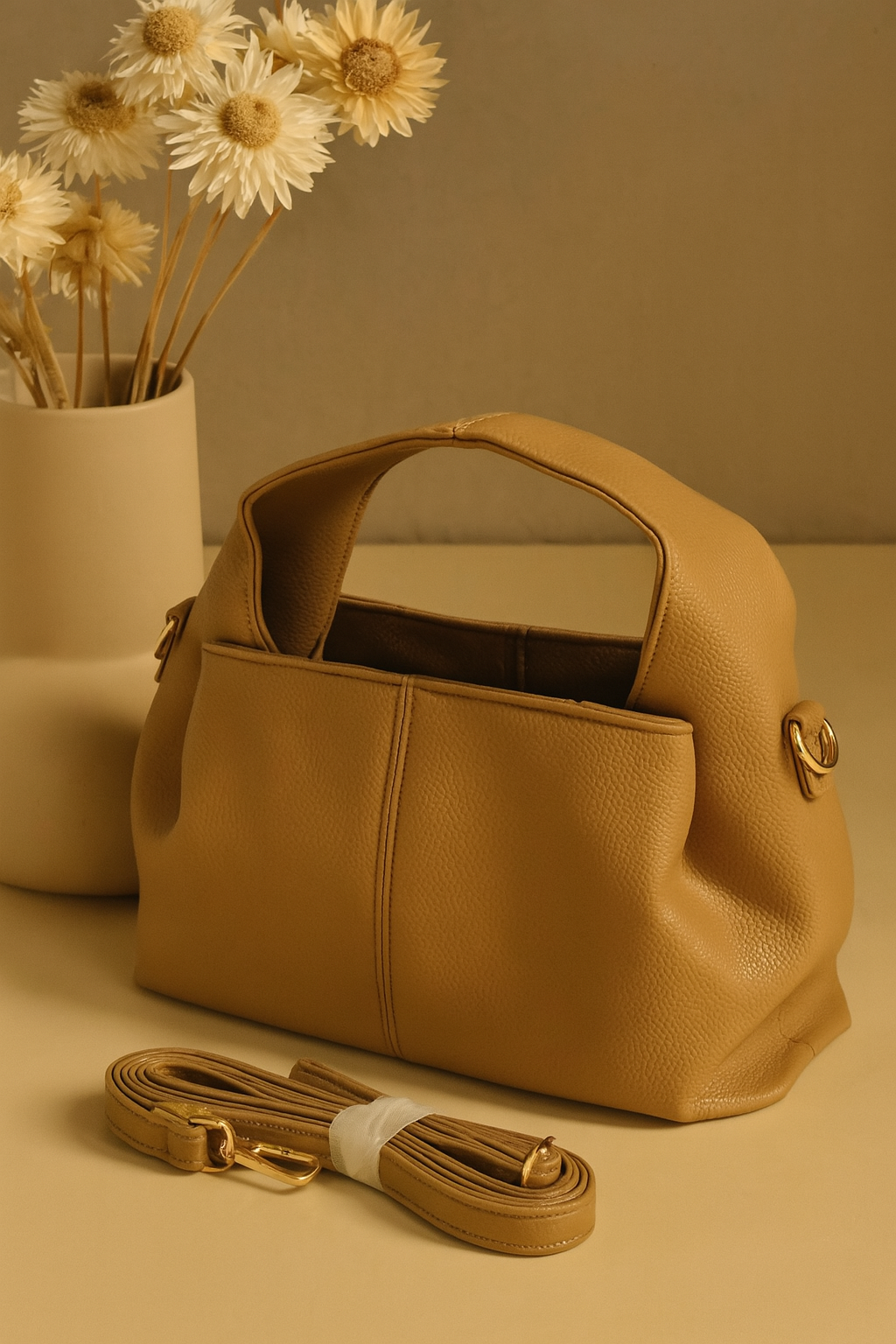 Classic Faux Leather Handbag with Gold Buckle – Elegant & Versatile