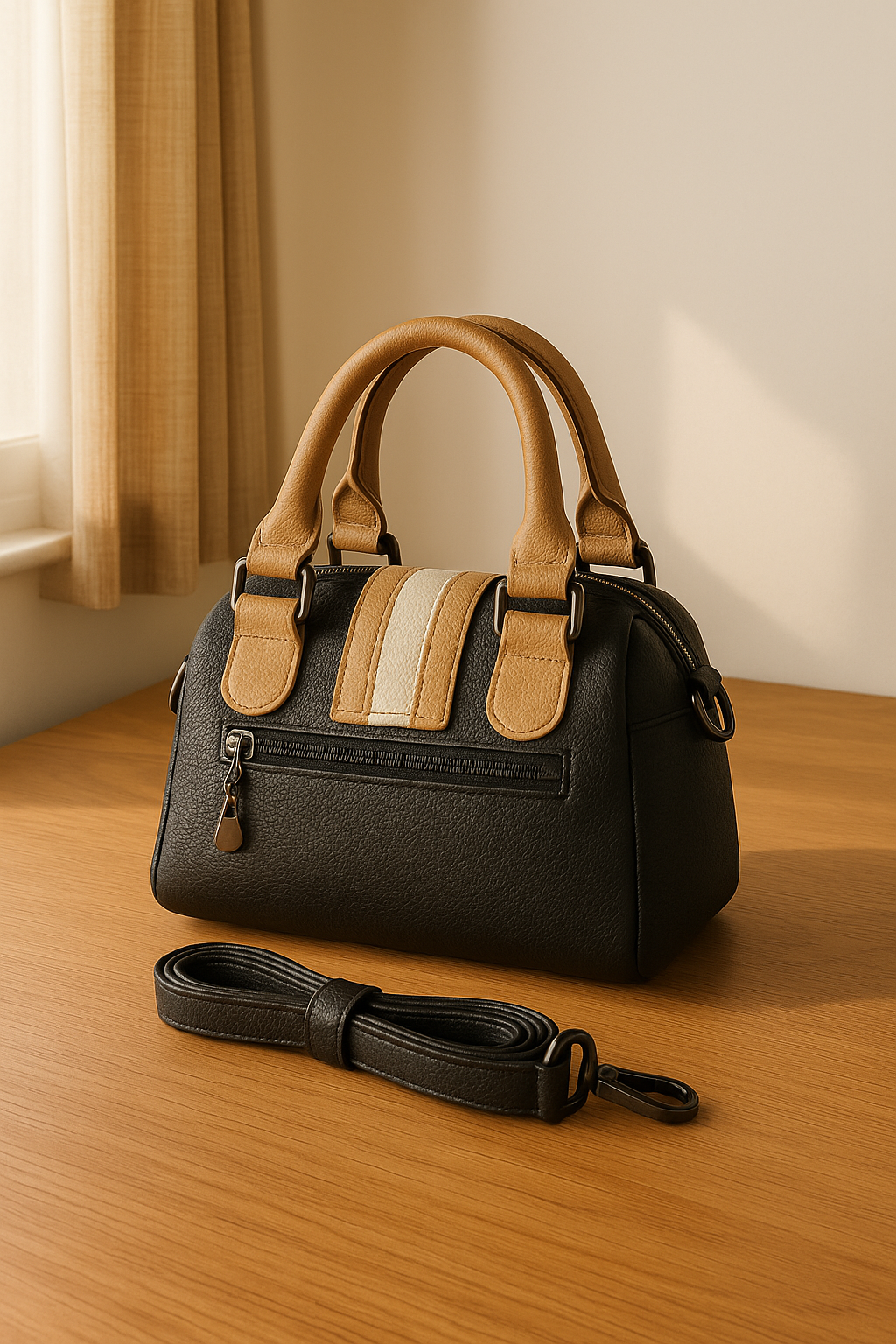 Classic Tan & Black Premium Handbag – Dual Handle with Detachable Strap
