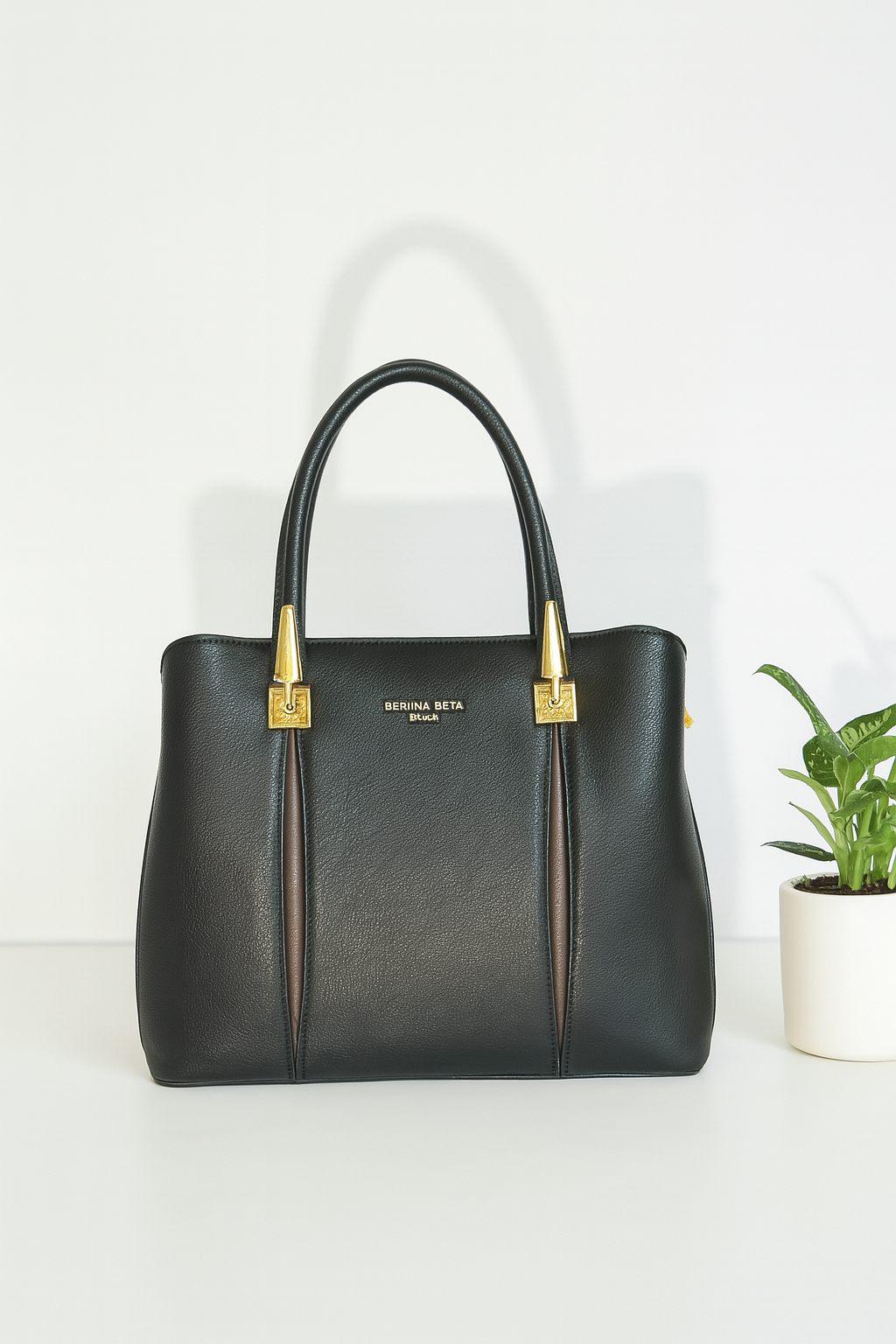 Classic Black Structured Handbag with Gold Detailing – Premium Finish