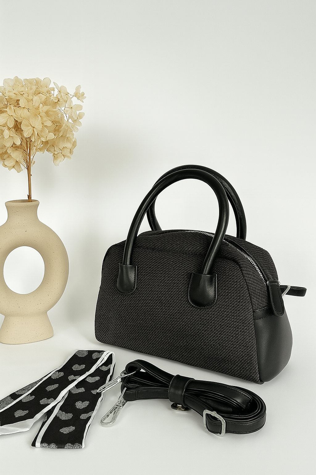 Textured Black Handbag with Scarf Detail