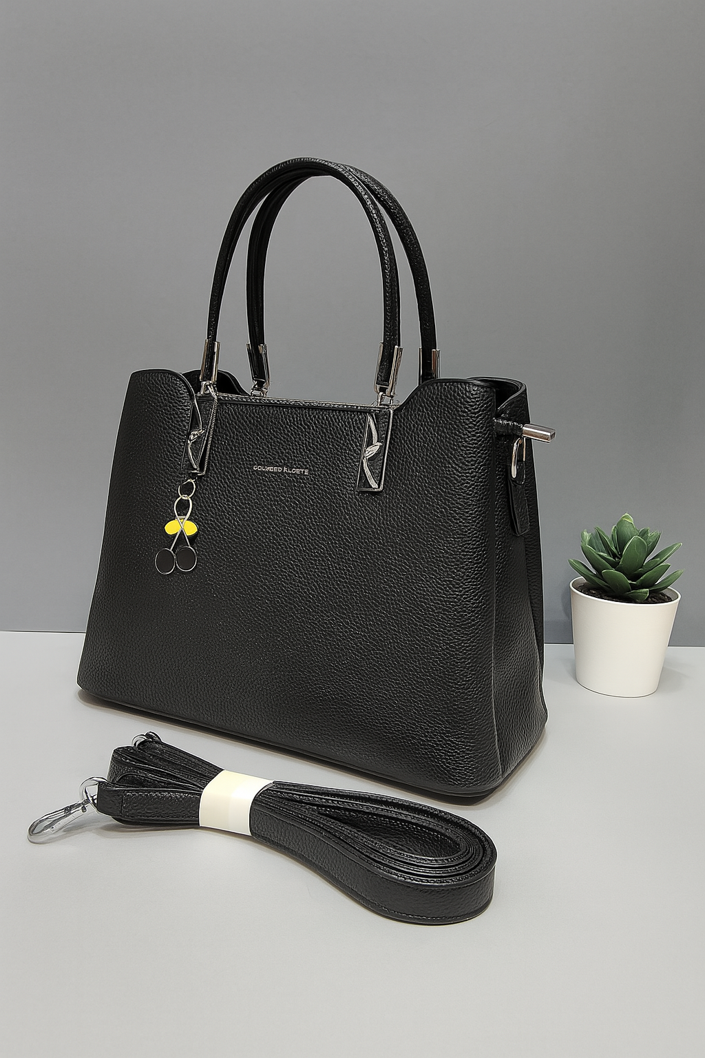 Black Cherry Charm Handbag – Elegant Faux Leather Tote