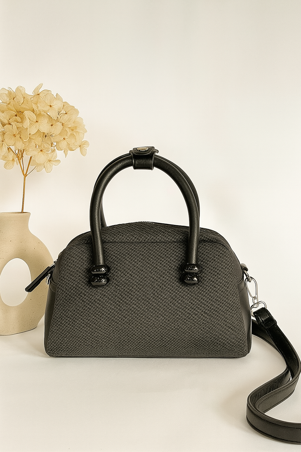 Textured Black Handbag with Scarf Detail