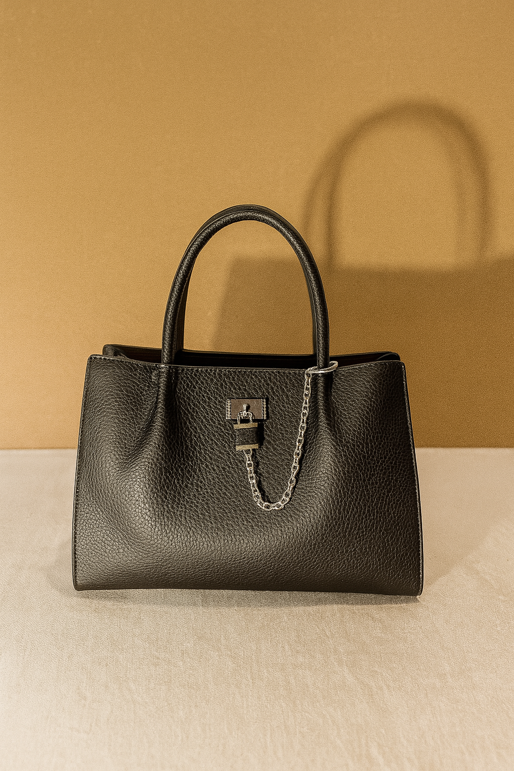 Premium Black Textured Leather Handbag with Chain Accent