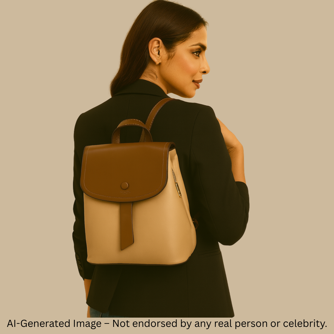 Elegant Two-Tone Leather Backpack – Coffee & Beige