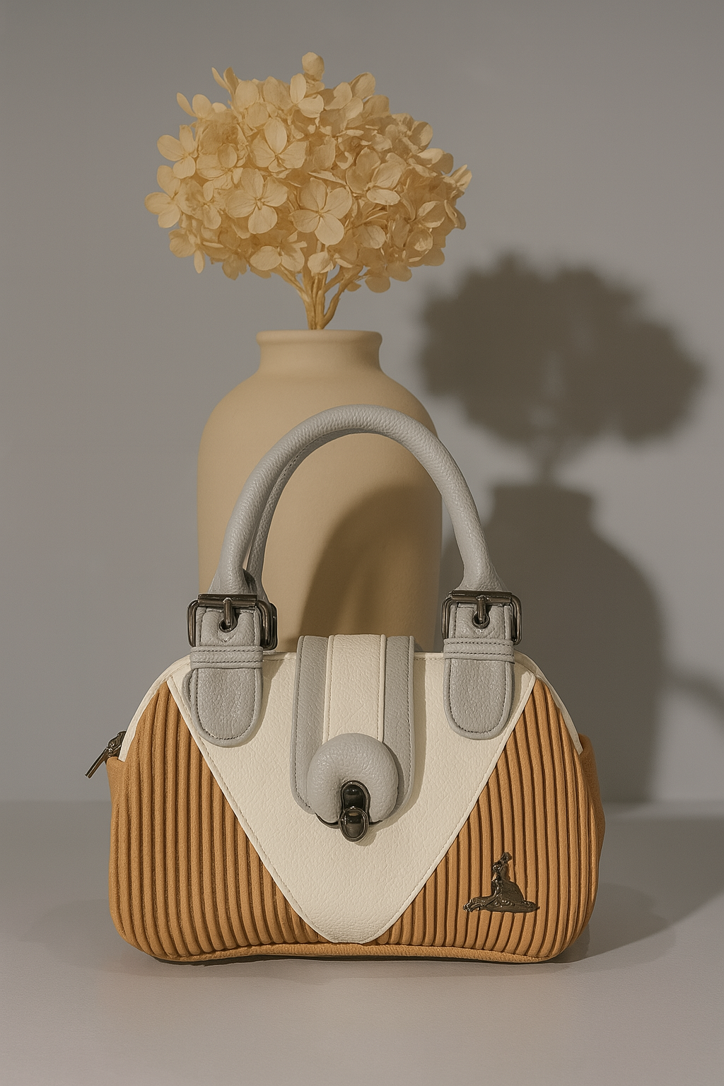 Classic Tan & Black Premium Handbag – Dual Handle with Detachable Strap
