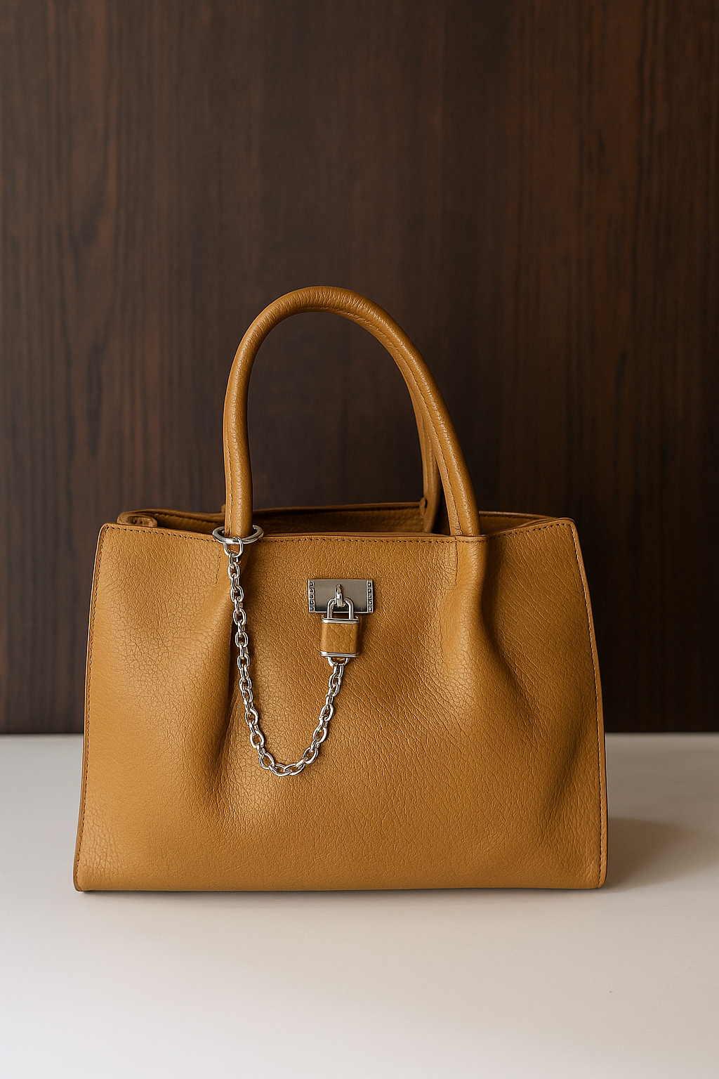 Premium Black Textured Leather Handbag with Chain Accent