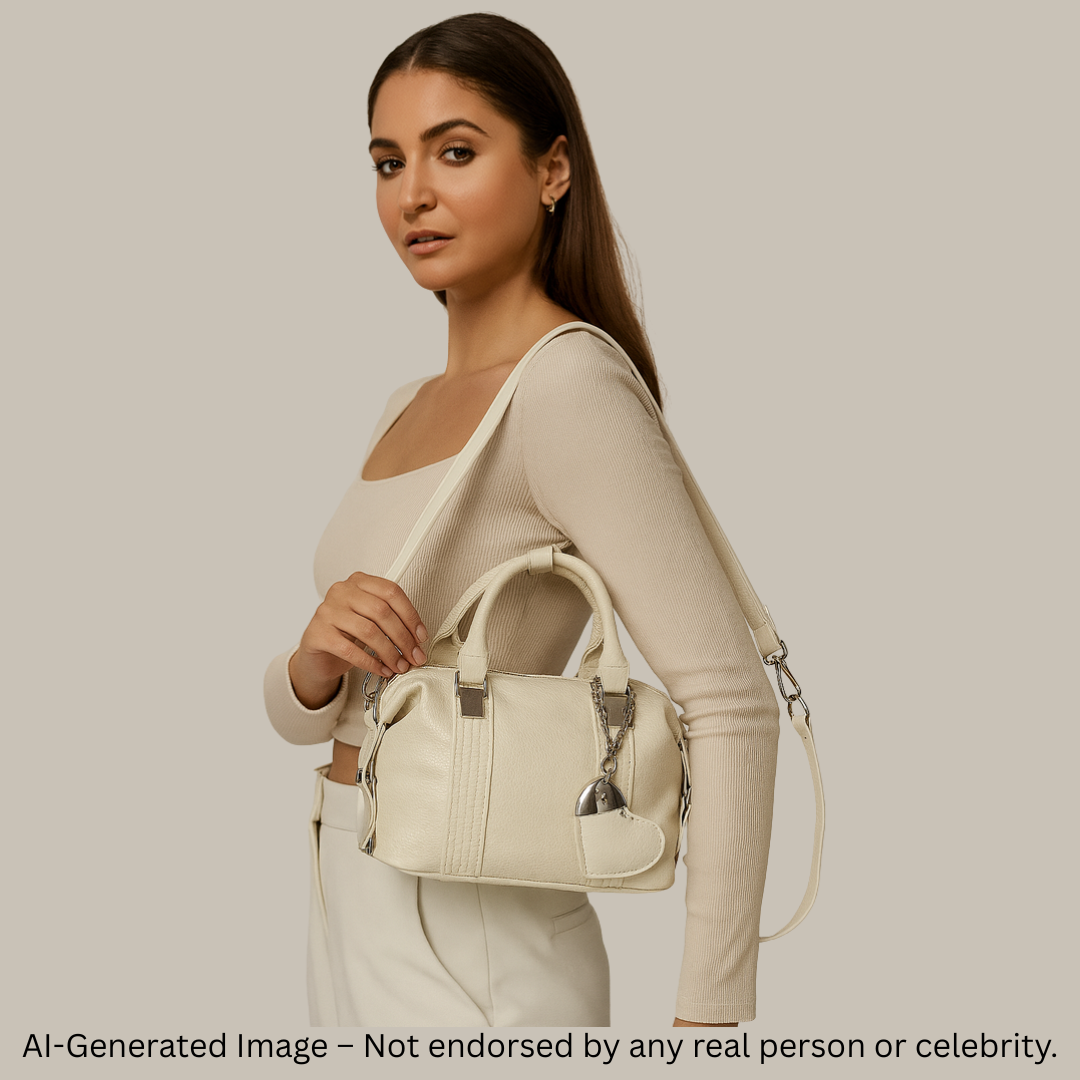 Elegant Cream Textured Handbag with Twin Buckle Straps