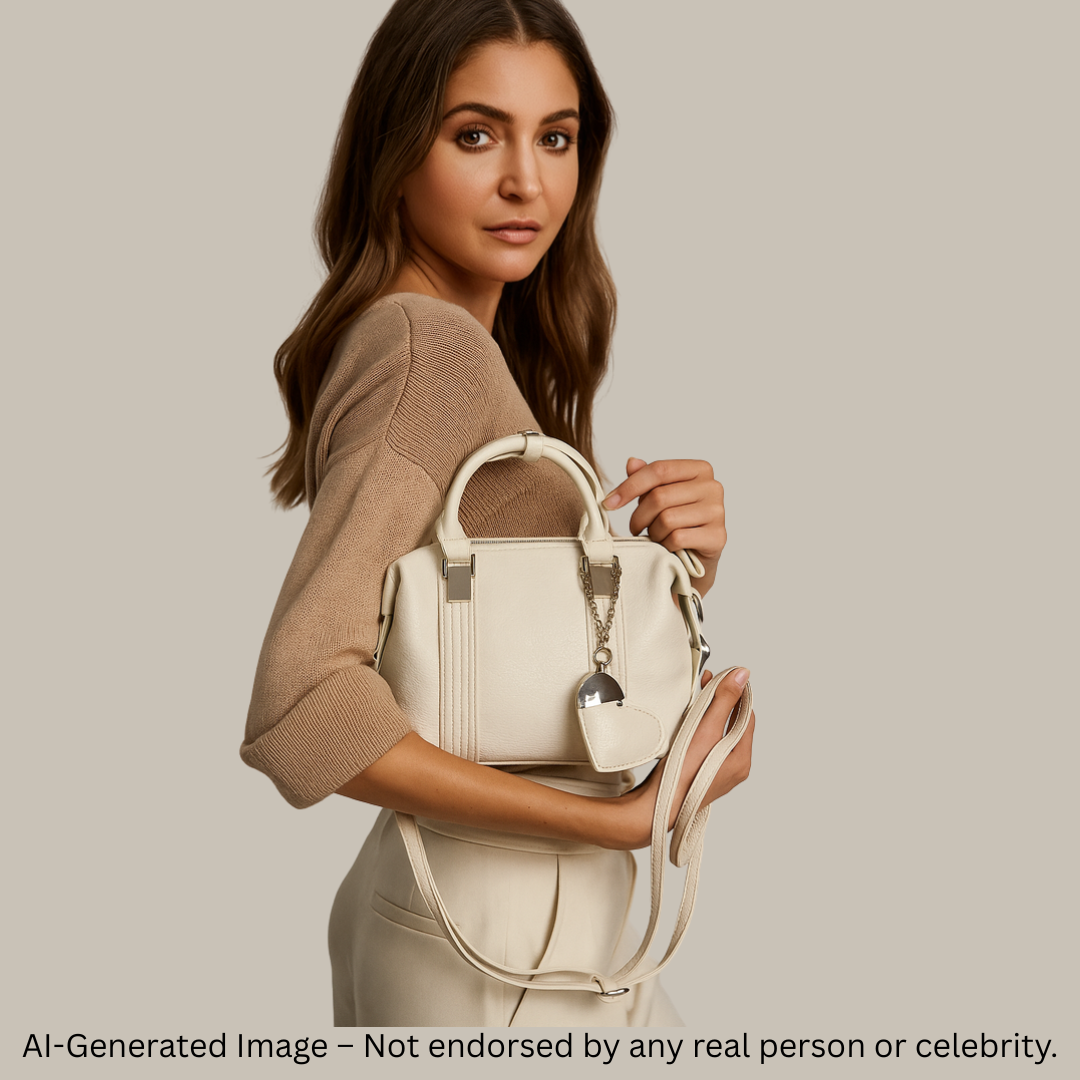 Elegant Cream Textured Handbag with Twin Buckle Straps