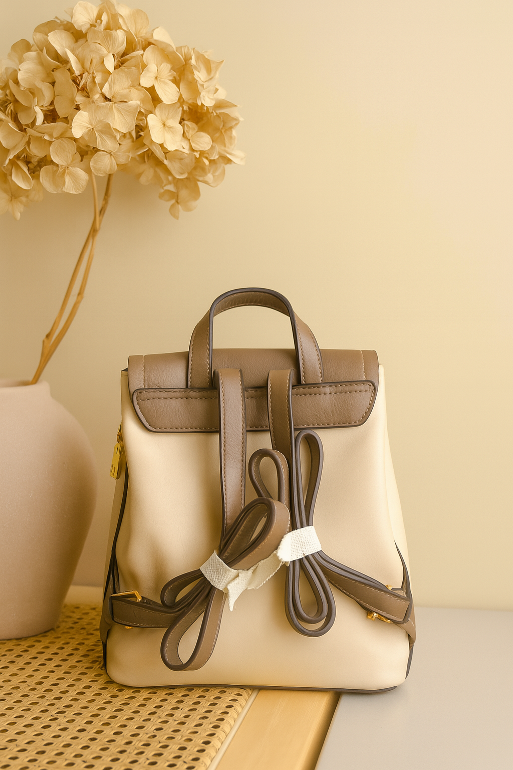 Elegant Two-Tone Leather Backpack – Coffee & Beige