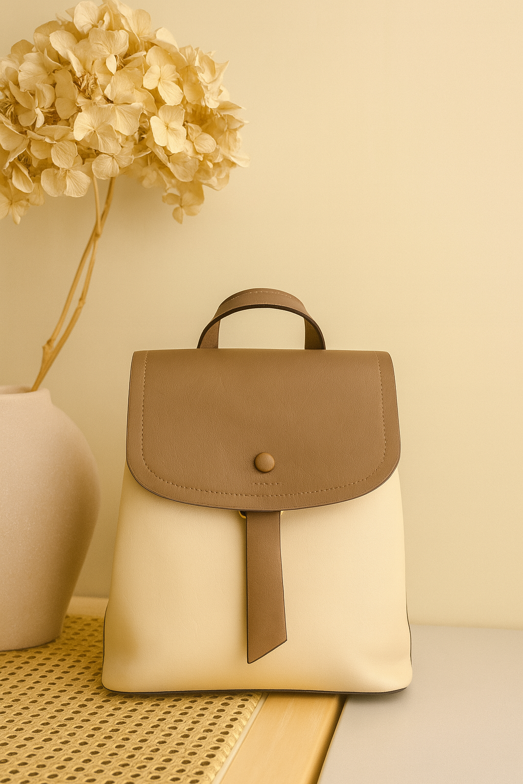 Elegant Two-Tone Leather Backpack – Coffee & Beige
