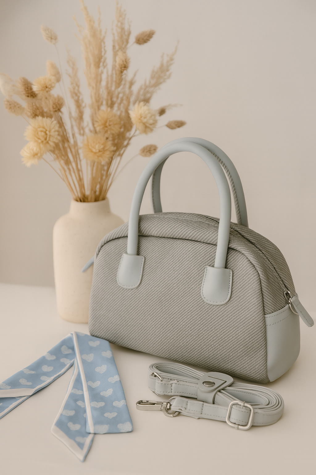 Textured Black Handbag with Scarf Detail