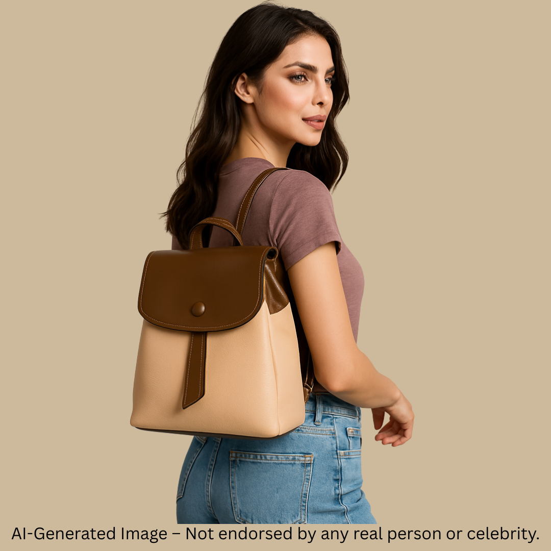 Elegant Two-Tone Leather Backpack – Coffee & Beige