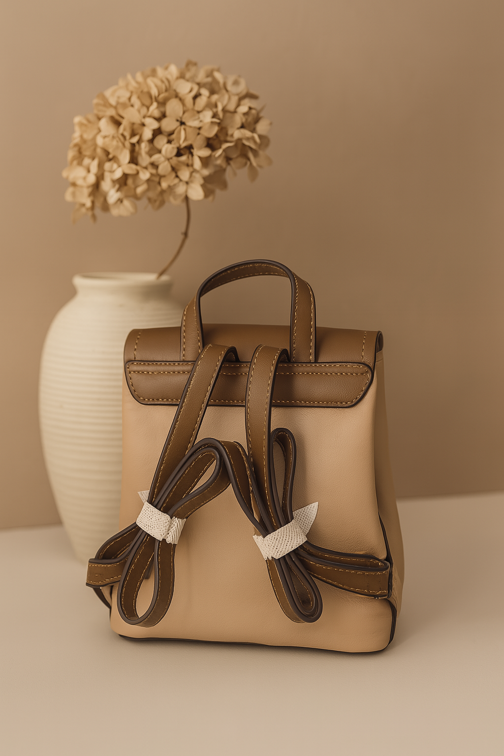 Elegant Two-Tone Leather Backpack – Coffee & Beige
