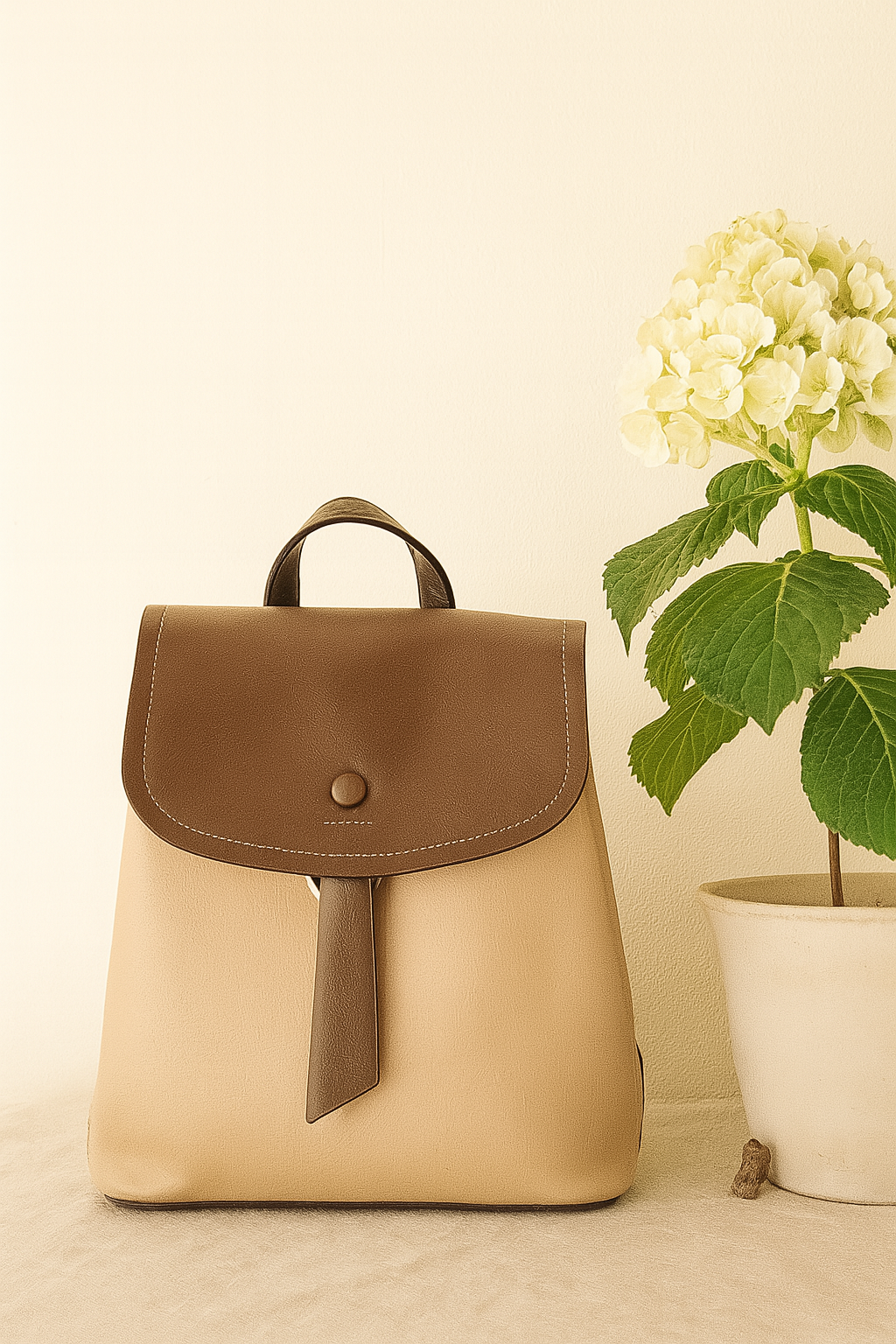 Elegant Two-Tone Leather Backpack – Coffee & Beige