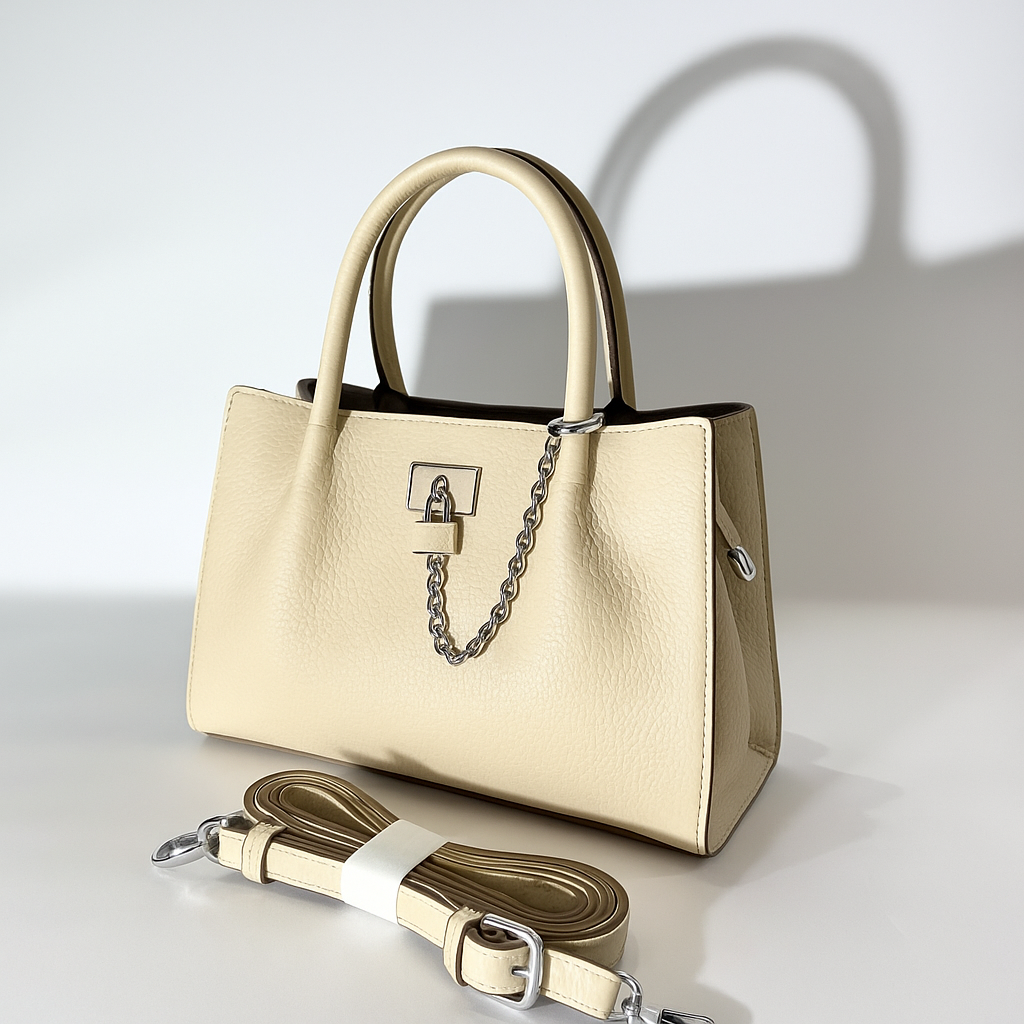 Premium Black Textured Leather Handbag with Chain Accent