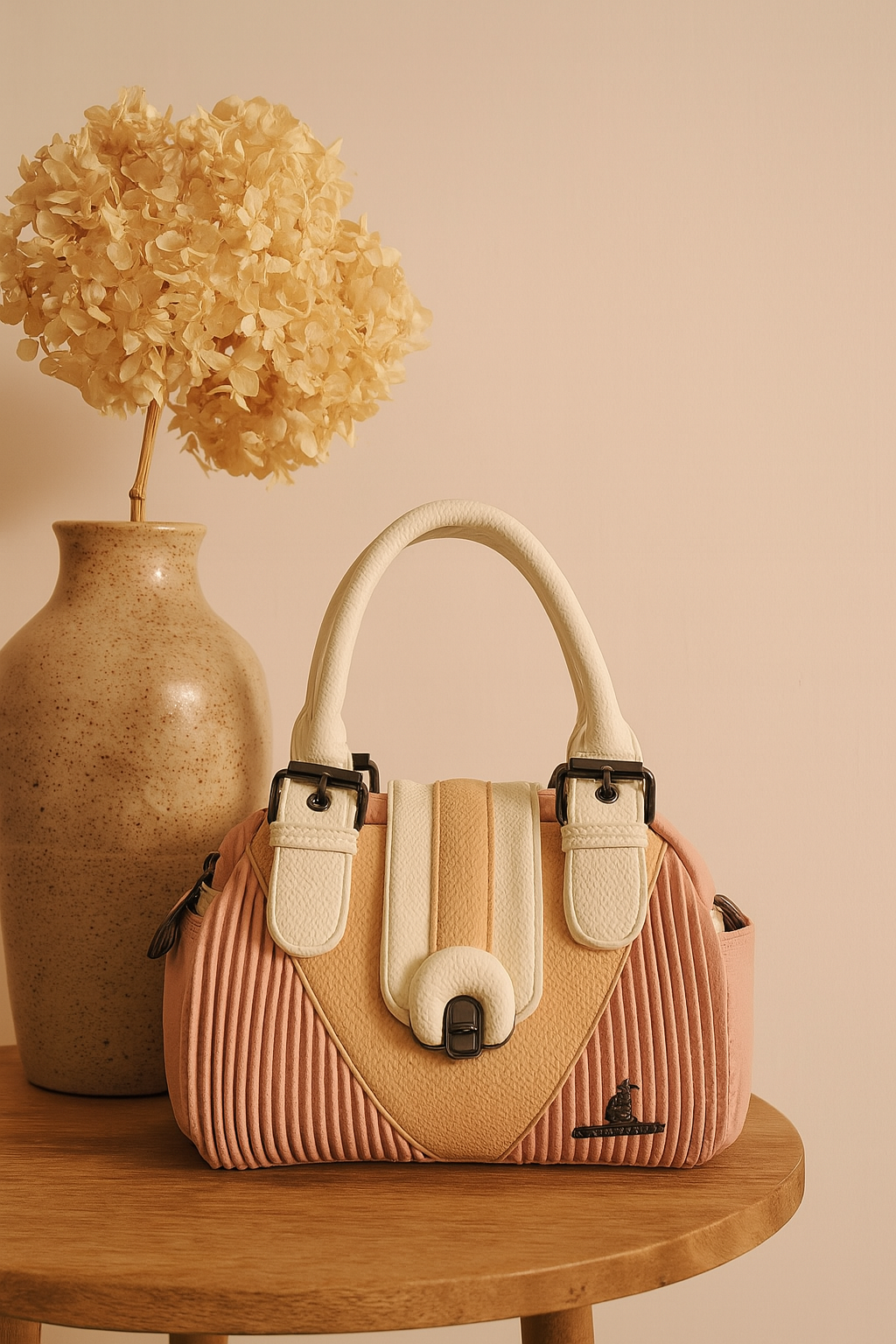 Classic Tan & Black Premium Handbag – Dual Handle with Detachable Strap