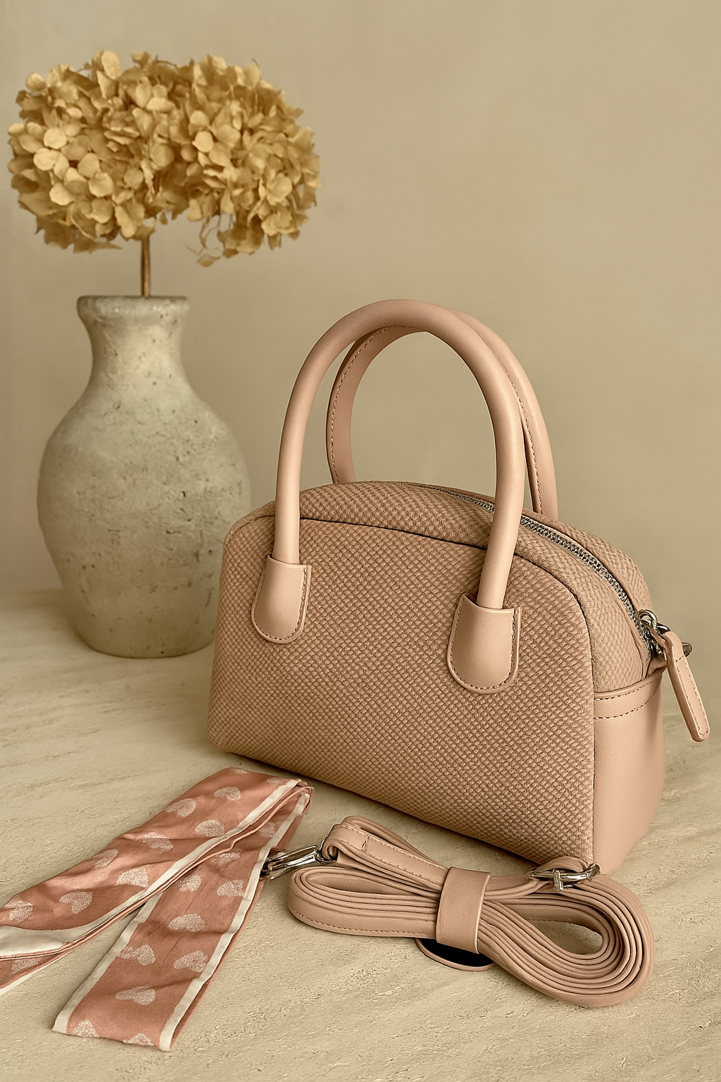Textured Black Handbag with Scarf Detail