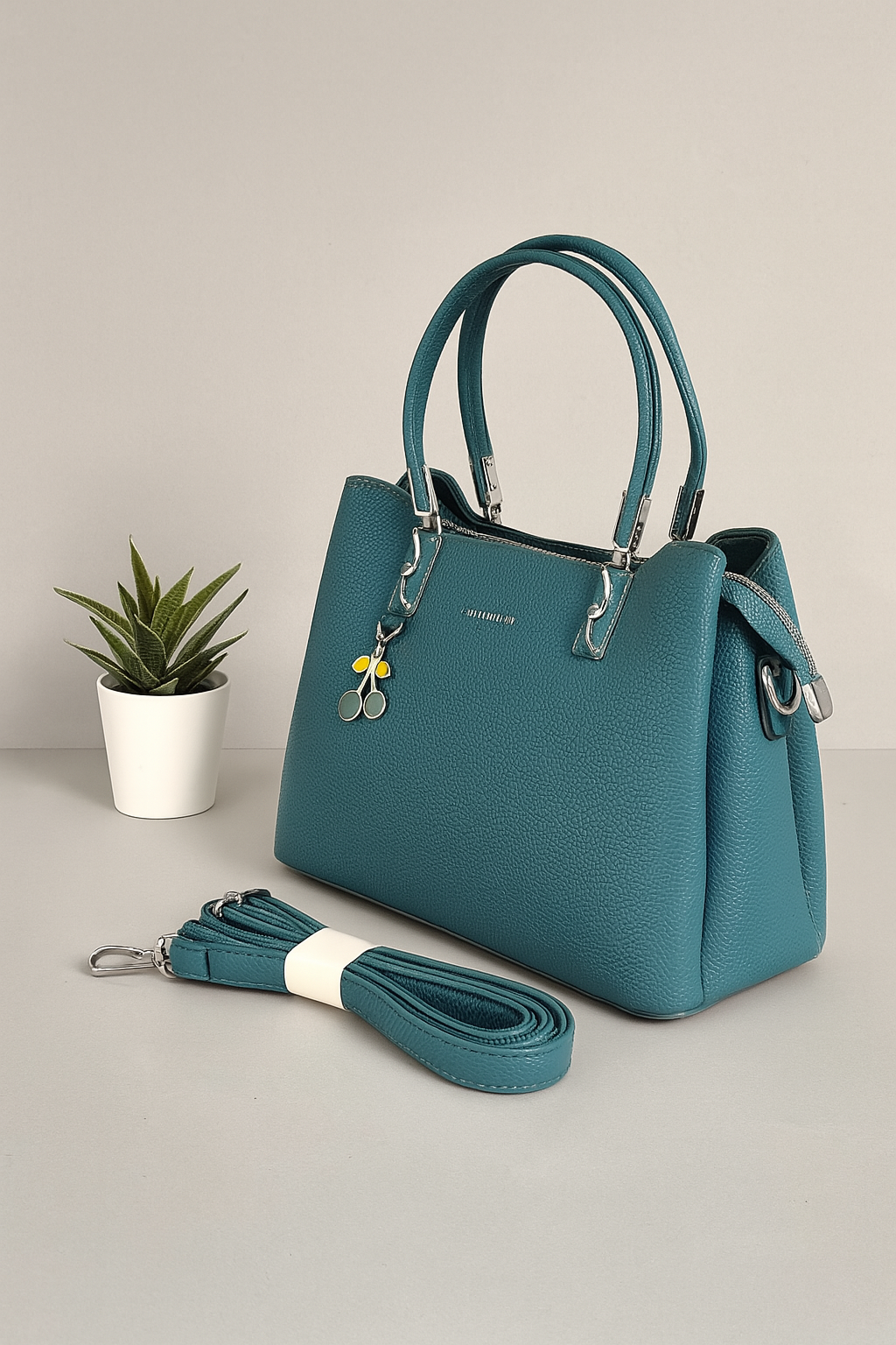 Black Cherry Charm Handbag – Elegant Faux Leather Tote