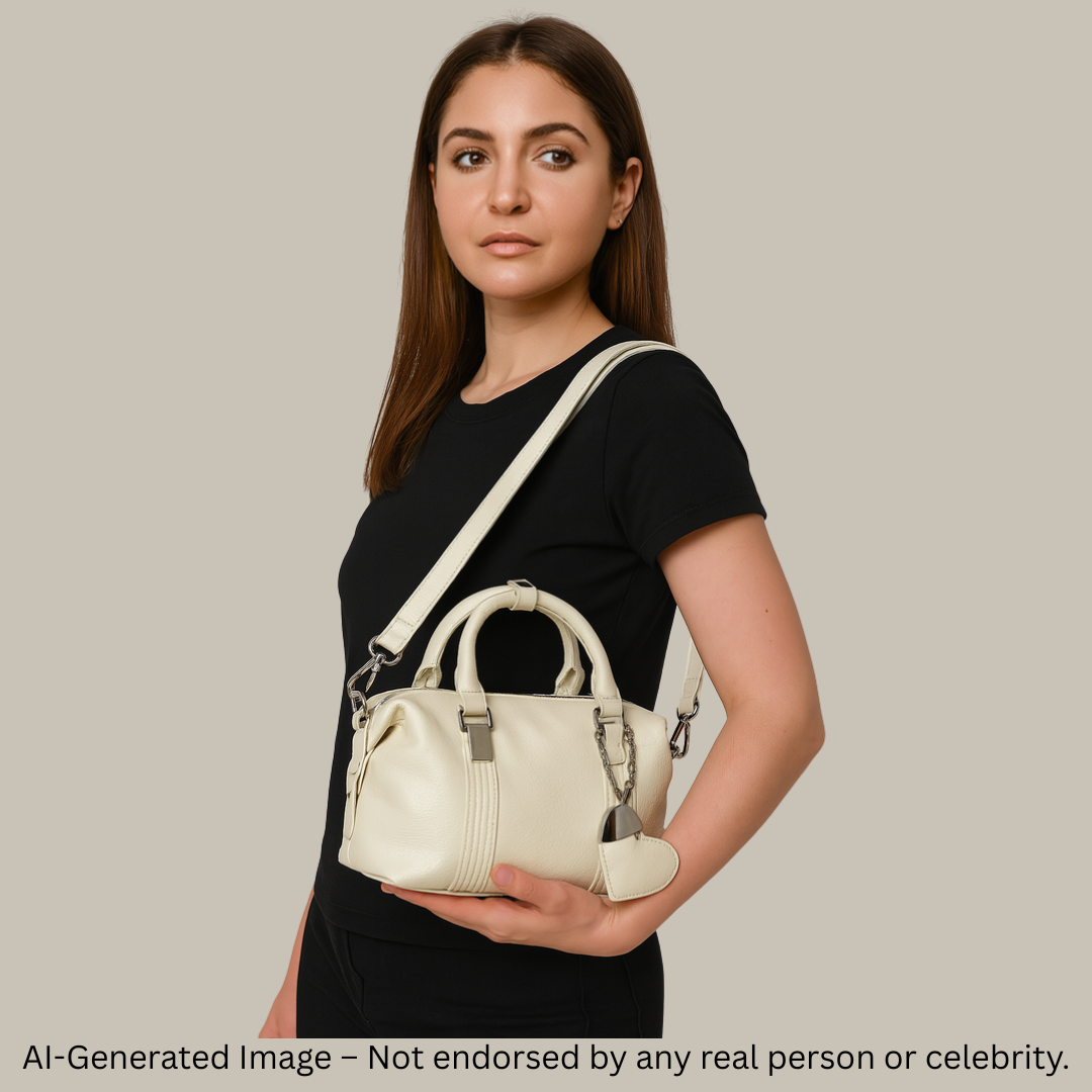 Elegant Cream Textured Handbag with Twin Buckle Straps