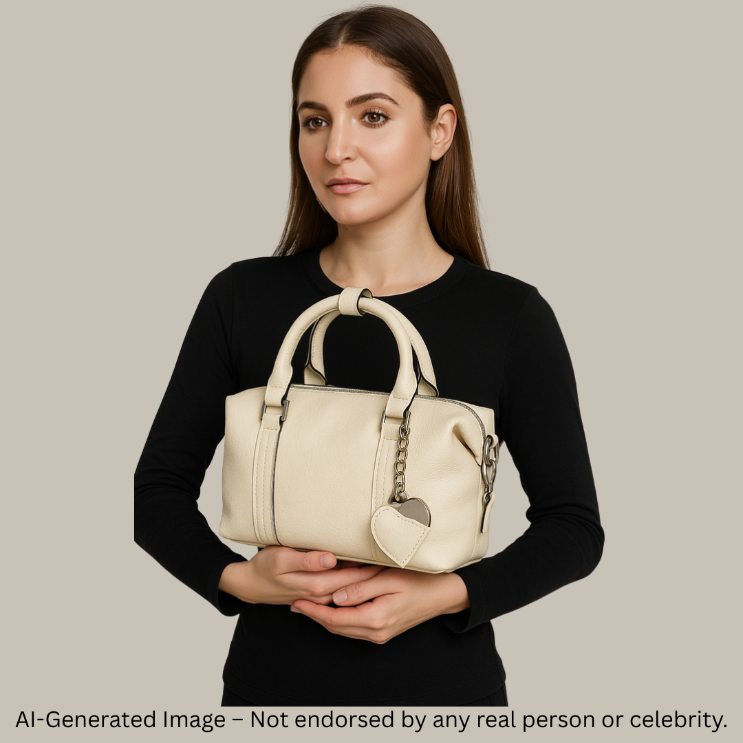 Elegant Cream Textured Handbag with Twin Buckle Straps