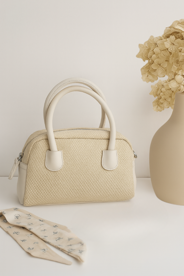 Textured Black Handbag with Scarf Detail