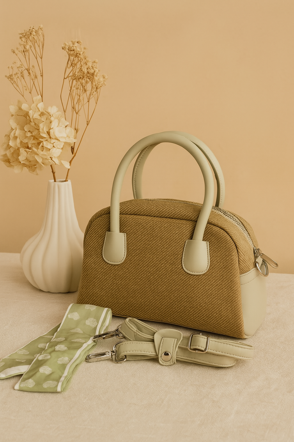 Textured Black Handbag with Scarf Detail