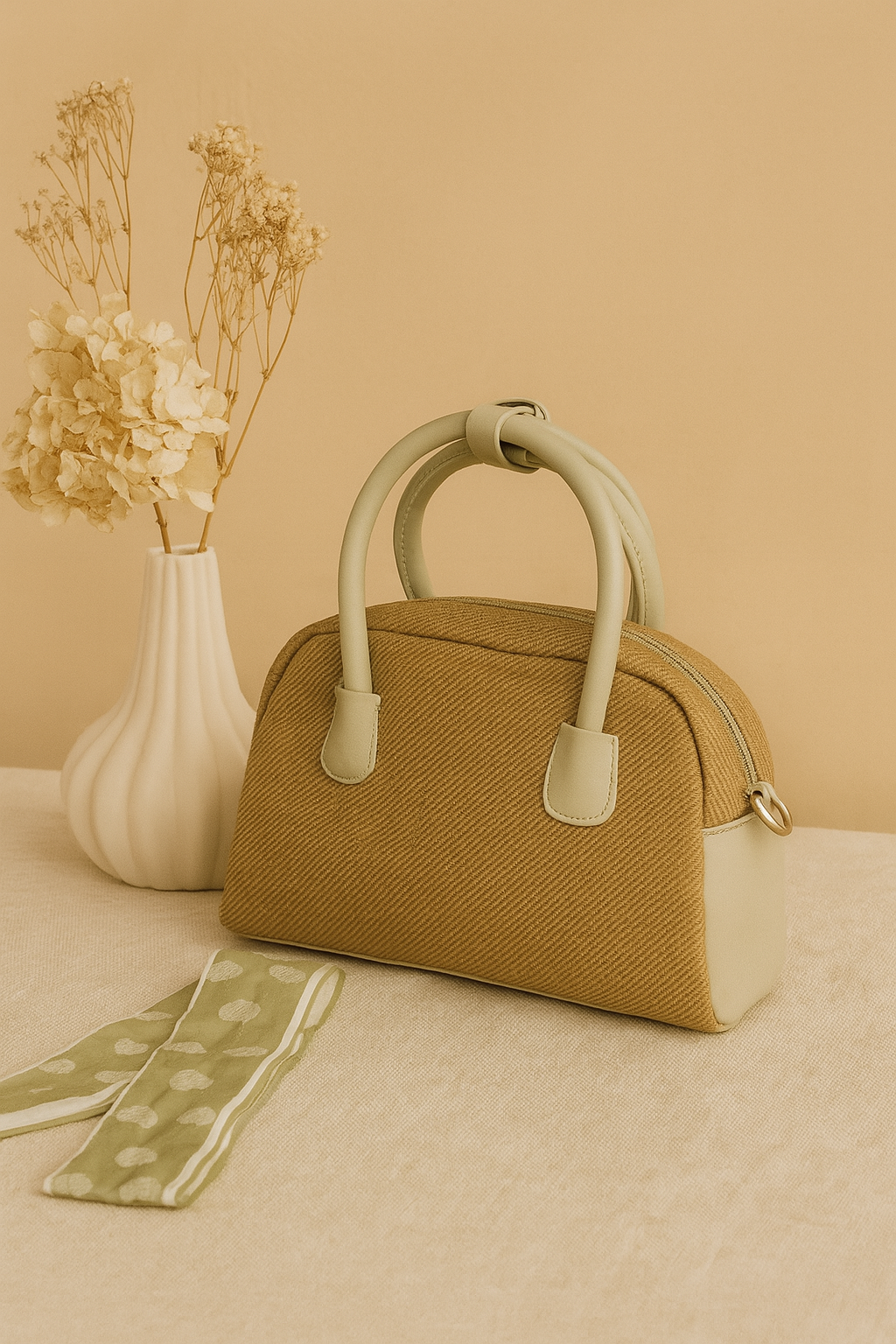 Textured Black Handbag with Scarf Detail