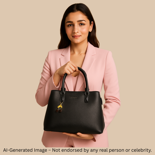 Black Cherry Charm Handbag – Elegant Faux Leather Tote