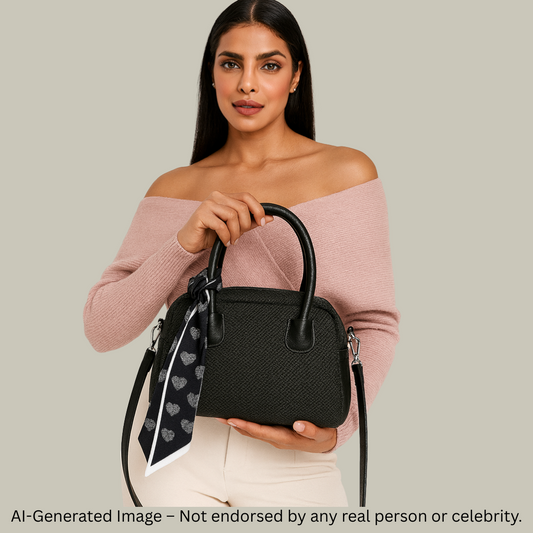 Textured Black Handbag with Scarf Detail