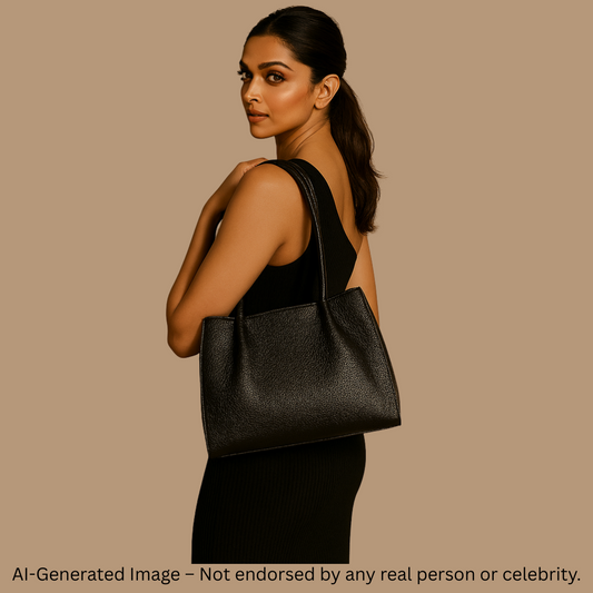 Premium Black Textured Leather Handbag with Chain Accent