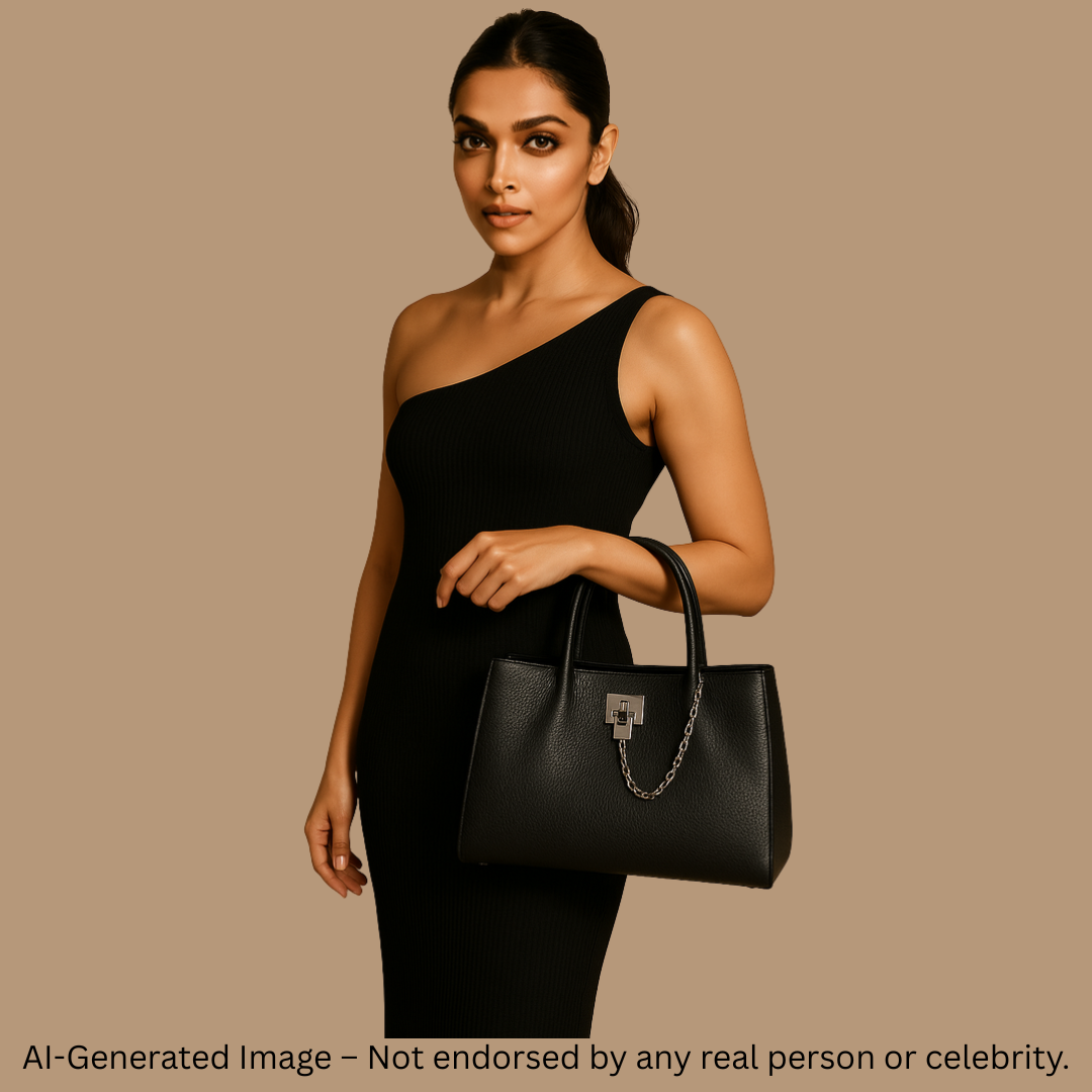 Premium Black Textured Leather Handbag with Chain Accent