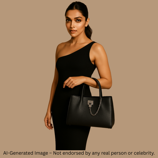 Premium Black Textured Leather Handbag with Chain Accent