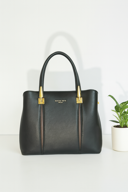Classic Black Structured Handbag with Gold Detailing – Premium Finish