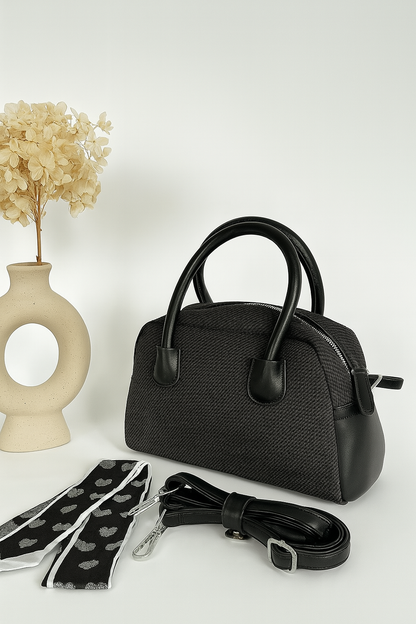 Textured Black Handbag with Scarf Detail