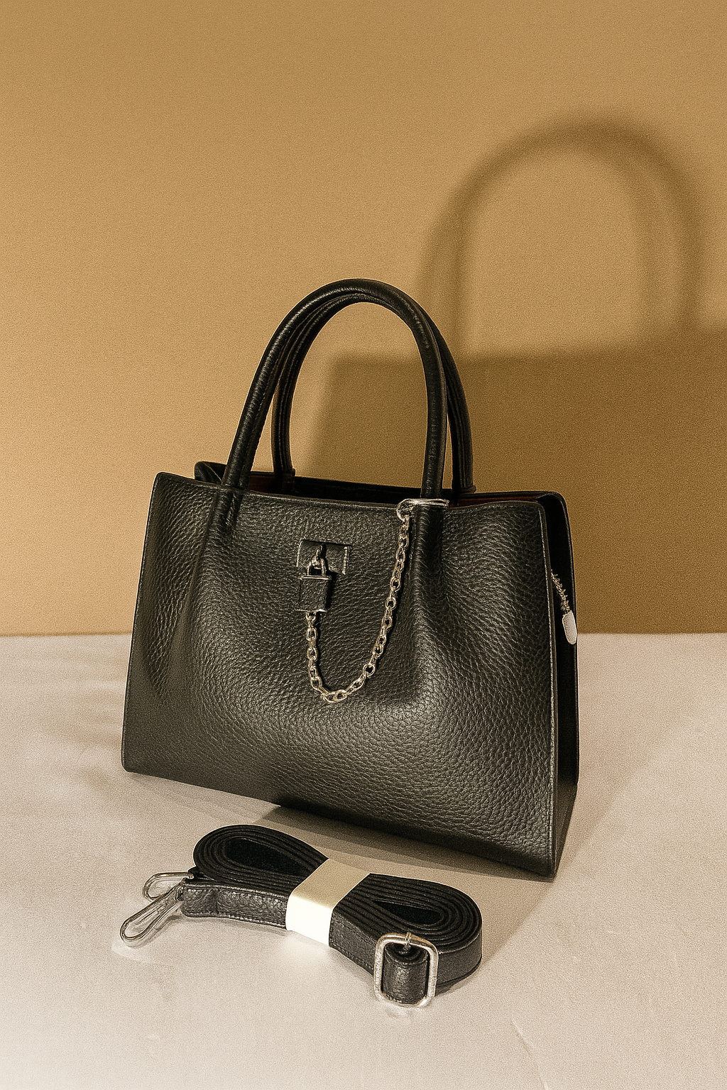 Premium Black Textured Leather Handbag with Chain Accent