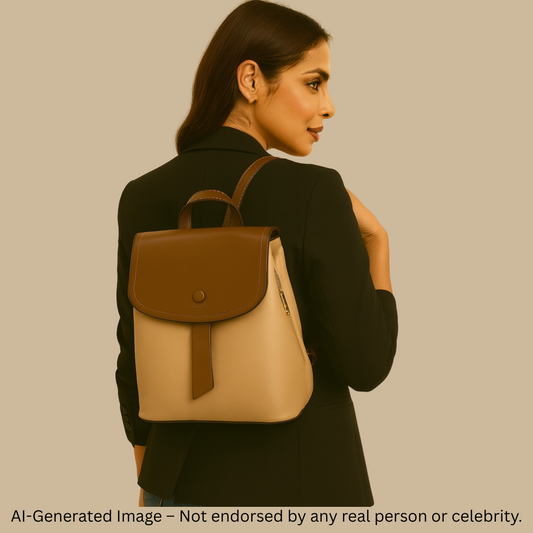 Elegant Two-Tone Leather Backpack – Coffee & Beige
