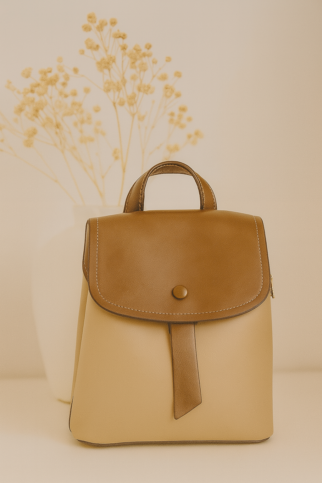 Elegant Two-Tone Leather Backpack – Coffee & Beige