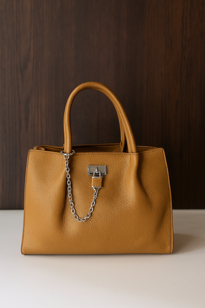 Premium Black Textured Leather Handbag with Chain Accent