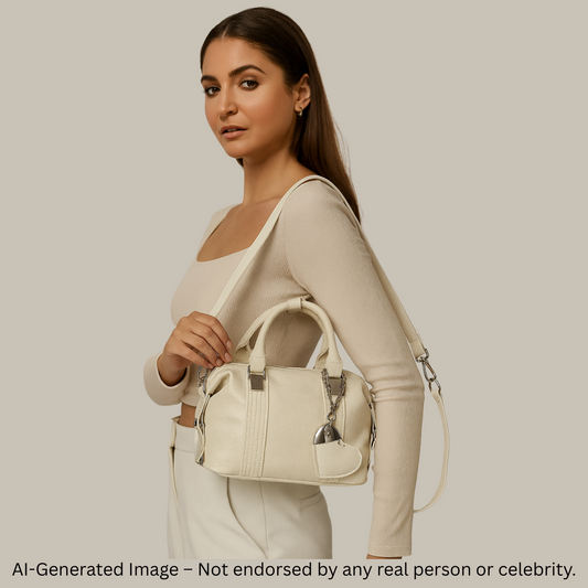 Elegant Cream Textured Handbag with Twin Buckle Straps