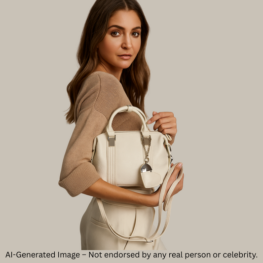 Elegant Cream Textured Handbag with Twin Buckle Straps