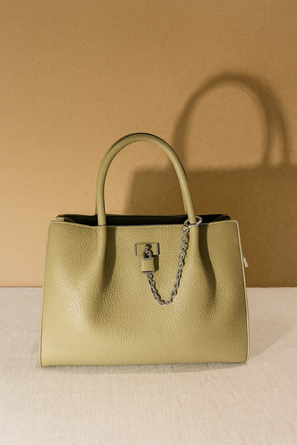 Premium Black Textured Leather Handbag with Chain Accent