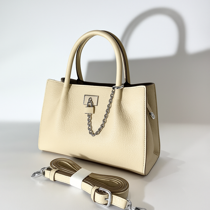 Premium Black Textured Leather Handbag with Chain Accent