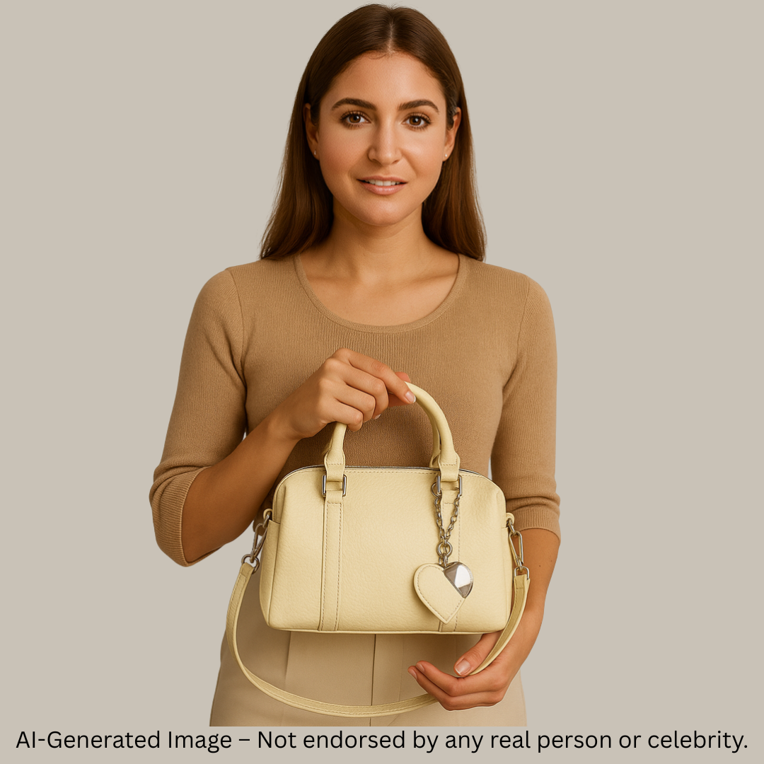 Elegant Cream Textured Handbag with Twin Buckle Straps
